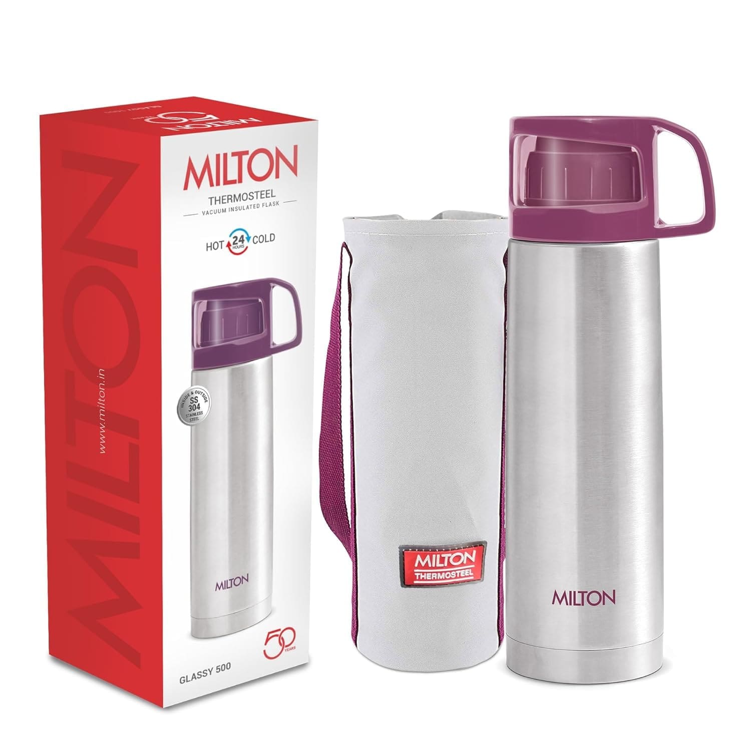 Milton Glassy Thermosteel Bottle, 12 Hours Hot & Cold  - Purple - 500 ml (For 2 cups)