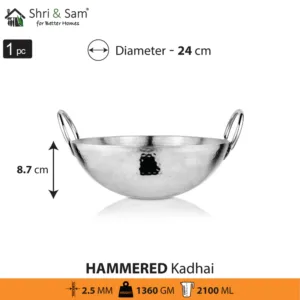 Sri and Sam STAINLESS STEEL HEAVY WEIGHT HAMMERED KADHAI, Heavy Gague Steel Ideal for Everyday Cooking & Deep Frying