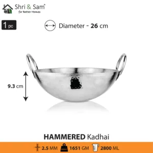 Sri and Sam STAINLESS STEEL HEAVY WEIGHT HAMMERED KADHAI, Heavy Gague Steel Ideal for Everyday Cooking & Deep Frying