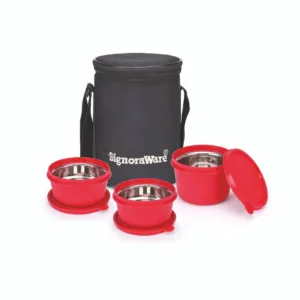 Signoraware Monarch Executive Medium Microsafe Steel |Microwave Safe Lunch Box (3 Stainless Steel Containers + Insulated Bag) (500ml+350ml+350ml) , Set of 3 | Office Series
