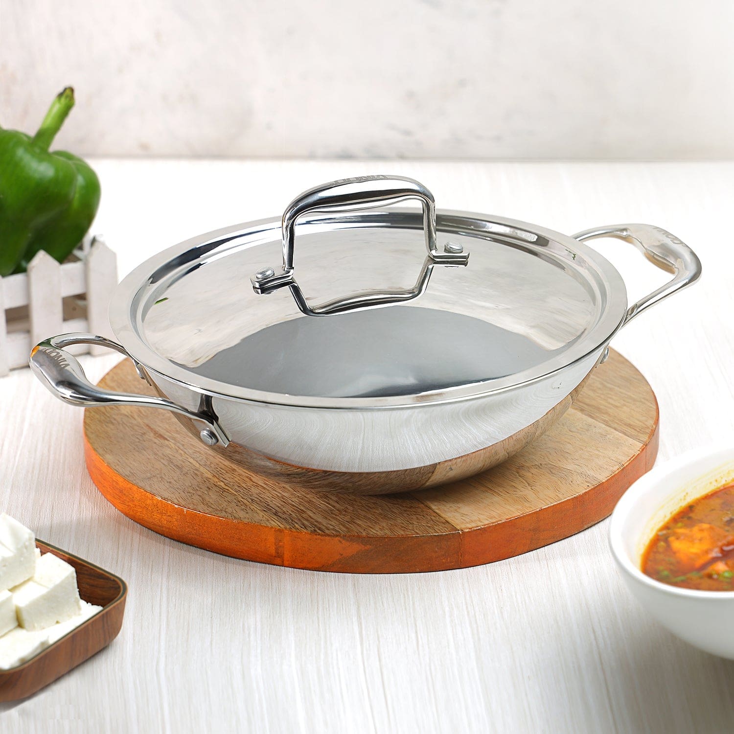 Vinod Platinum Triply Stainless Steel Kadai with Lid, SAS Metal for Even & Quick Heating, Induction & Gas Compatible