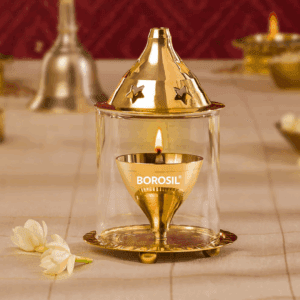 Borosil Brass Akhand Diya with Borosilicate Glass - Small