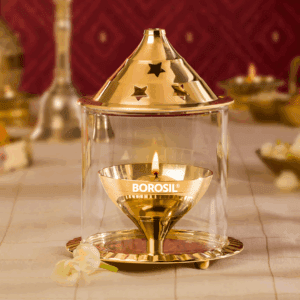 Borosil Brass Akhand Diya with Borosilicate Glass - Medium
