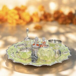 German Silver Pooja Thali with Lakshmi Ji and Ganesh Ji