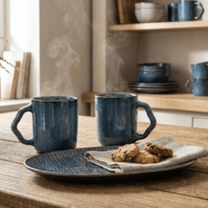 Tatva Morning Set, Ceramic Set with 2 Mugs and 1 Serving Platter