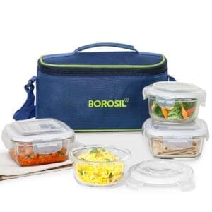 Borosil Klip n Store Universal Lunchbox | Set of 4 (320ml x 2 Square + 240ml x 2 Round), Borosilicate Glass | Microwave & Dishwasher ...