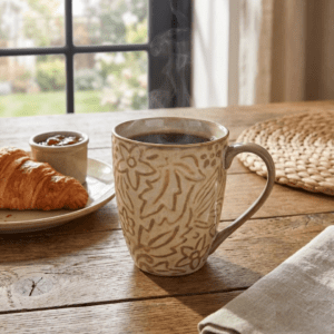 Tatva Embossed Ceramic Mug, 300 ml Capacity, Ideal for Coffee and Teas