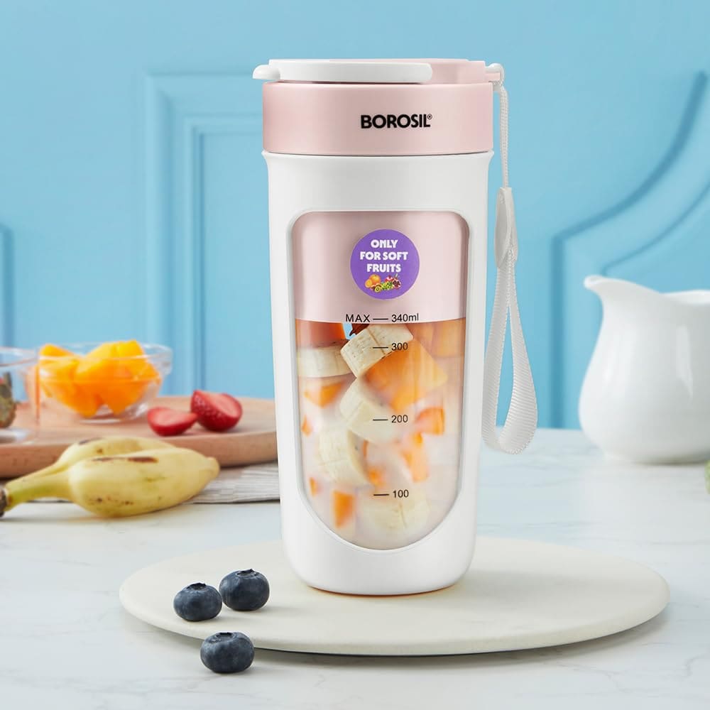 Borosil NutriSip Portable Blender | 40W Low-Noise DC Motor | 340ml Unbreakable PC Jar | USB Rechargeable | Turbo 6 Blade Action | Smoothies, Shakes, Soft Fruit, Protein Mix | 1 Year Warranty