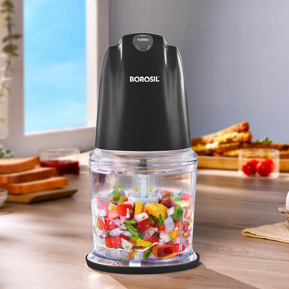 Borosil Chef Delite 260 Watts Electric Chopper for Kitchen, Twin Blade Technology, 500 ml ‘chop-n-store’ plastic bowl with lid, Vegetable Chopper, Cutter, Chop, Mince, Dice, Whisk, Blend, Black