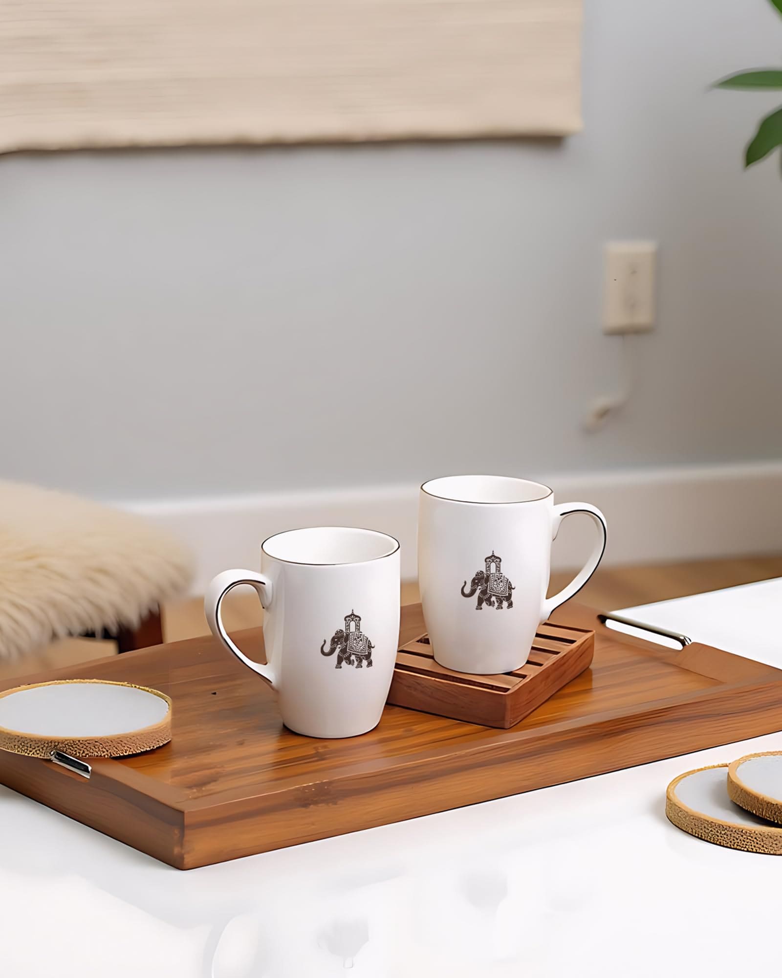 VOLA Gaj Series (230ml) Set of 2 Porcelain Coffee Mugs with Platinum Rim and Elephant Motif