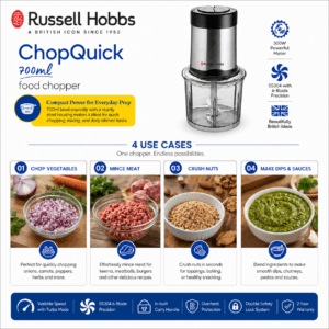 Russell Hobbs ChopQuick 700ml Food Chopper with 300W Motor, SS304 6-Blade Precision & 2 Years Warranty image 3