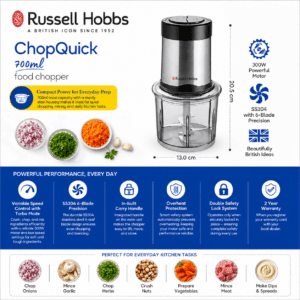 Russell Hobbs ChopQuick 700ml Food Chopper with 300W Motor, SS304 6-Blade Precision & 2 Years Warranty image 2