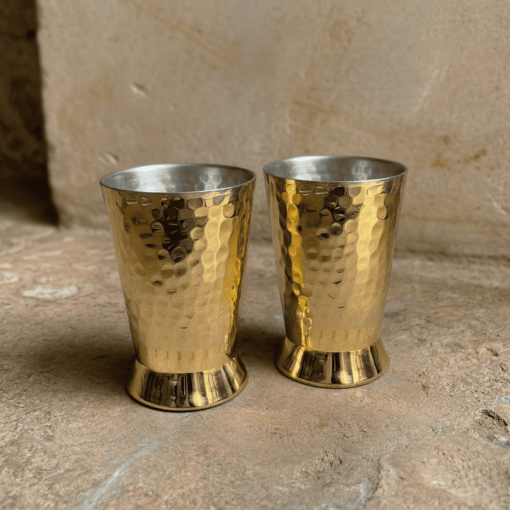 Tamira Pure Brass Hammerred Glass, Set of 2, 400ml