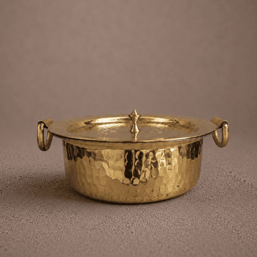 Tamira Pure Brass Flat Bottom Lagan with Lid, 3L | Tin-Lined High-Copper, Hand-Hammered, Ideal for Dum Cooking