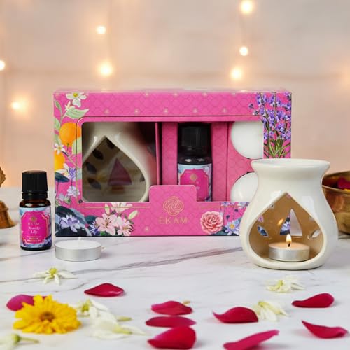 EKAM Ceramic Aroma Oil Diffuser Burner Set with Essential Oil