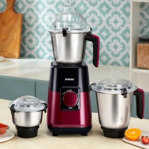 Borosil 1000W Premia Made in India 3 Stainless Steel Jar Mixer Grinder | 1.5L Blending, 1.2L Dry/Wet Grinder & 0.5L Chutney Grinder Jar | Overload Protection | 5 Year Warranty on Copper Motor