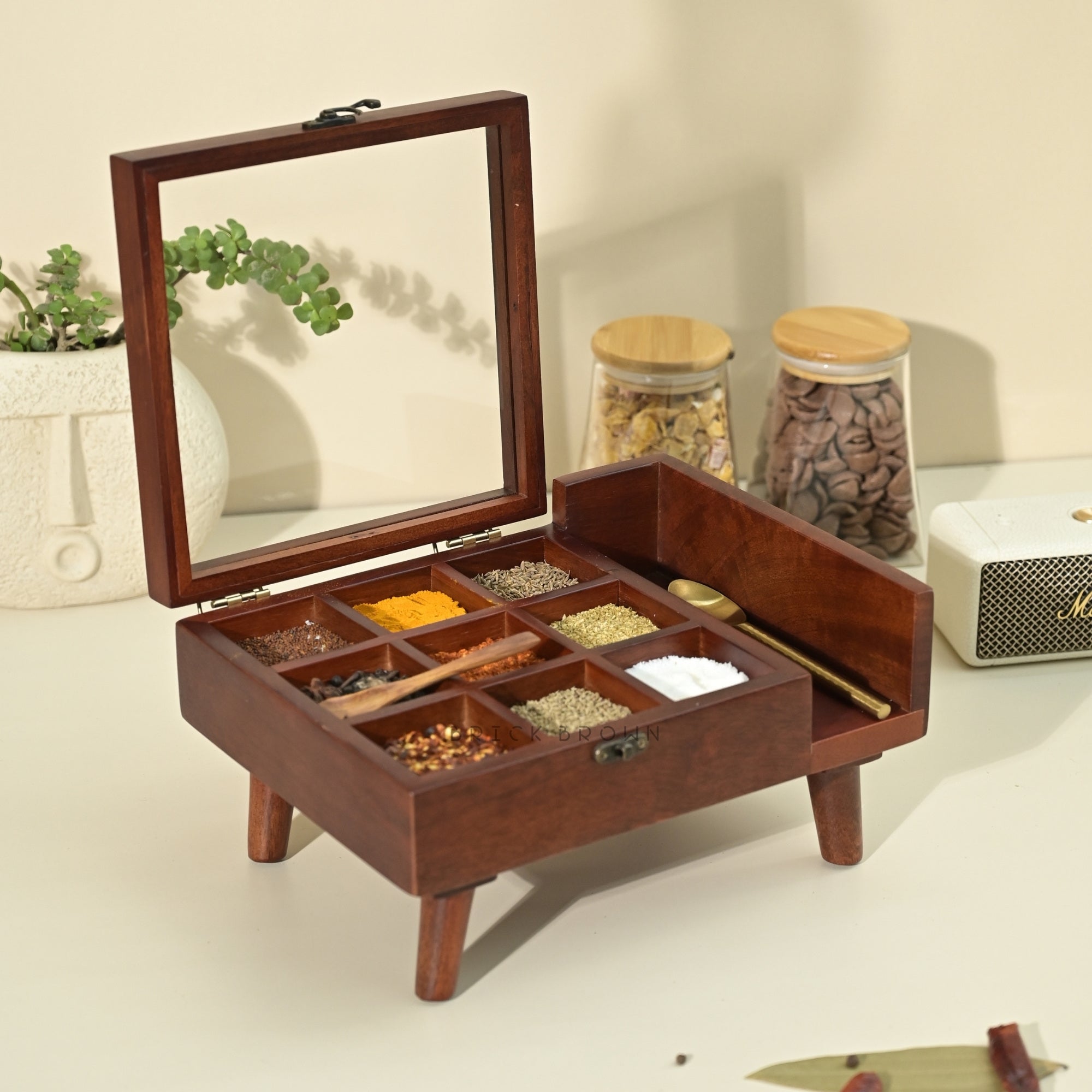 Brick Brown Legged Spice Box, Solid Mango Wood | 9-Partition Layout, Side Compartment & Raised Legs, Handcrafted