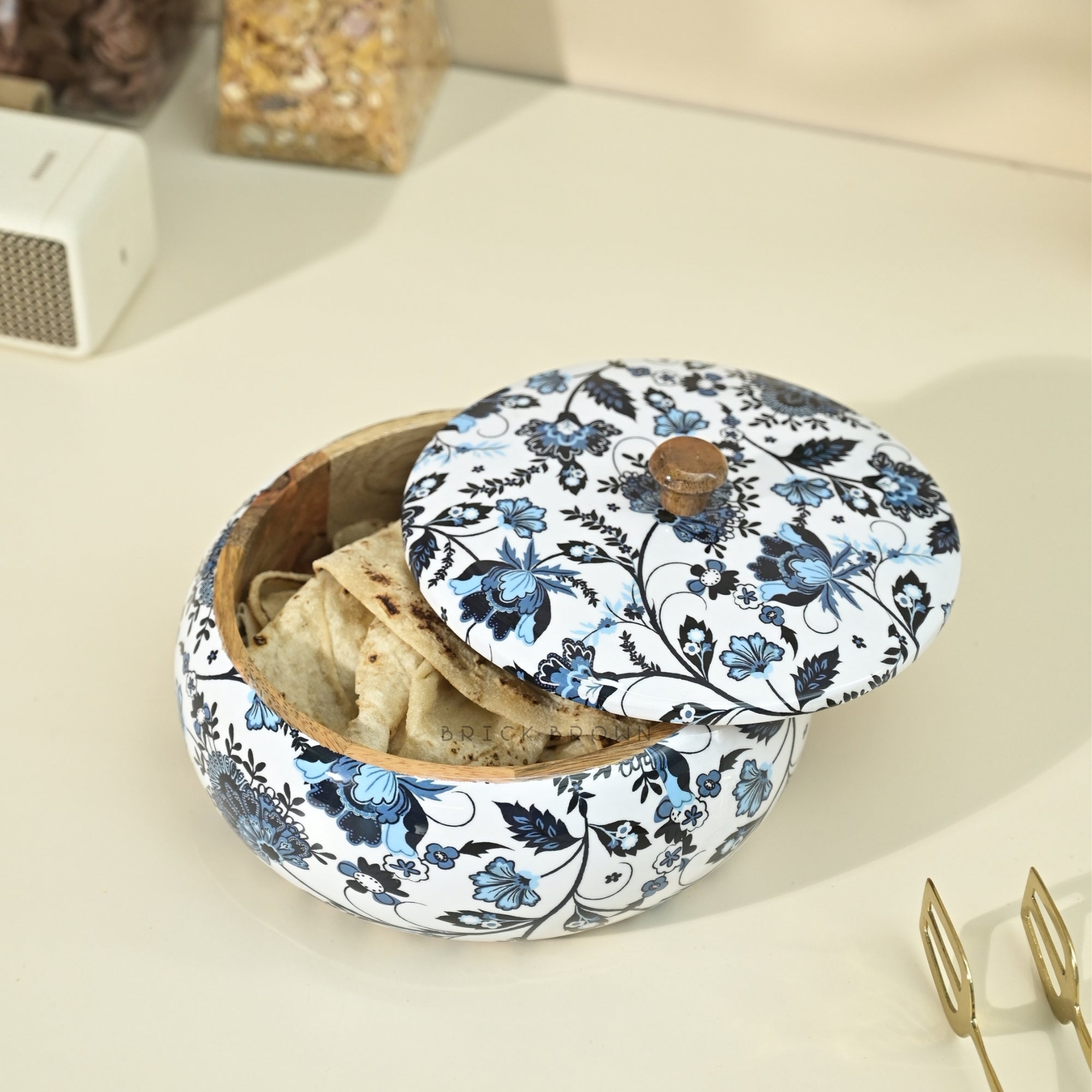 Brick Brown Floral Roti Box, Solid Mango Wood | Food-Safe Finish, Hand-Painted Floral Design, Versatile Serving Box