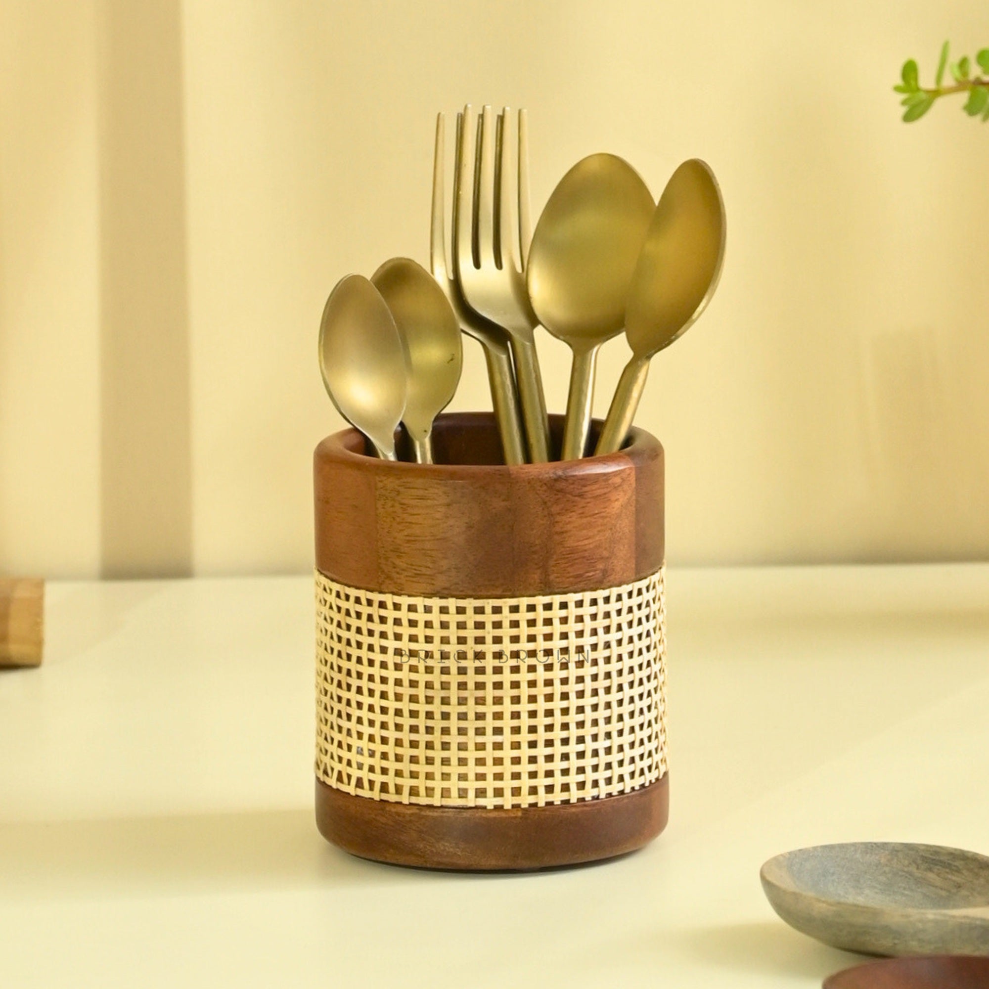 Brick Brown Tresso Cutlery Holder, Solid Wood Walnut Finish | Handwoven Rattan, Removable Partition for Dual or Single Compartment