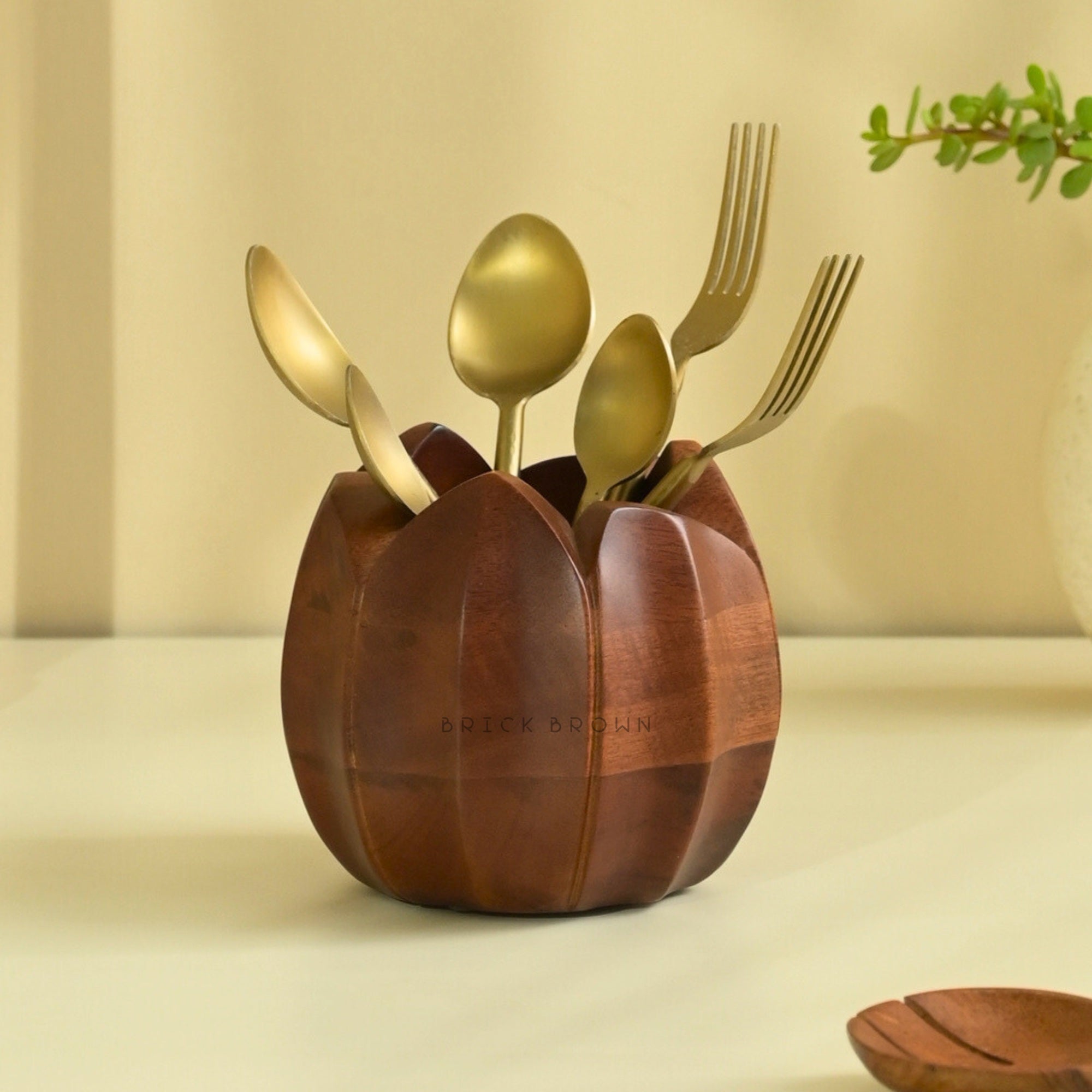 Brick Brown Lotus Cutlery Holder, Solid Wood Walnut Finish | Hand-Carved Lotus Petals, Versatile Table & Desk Organizer