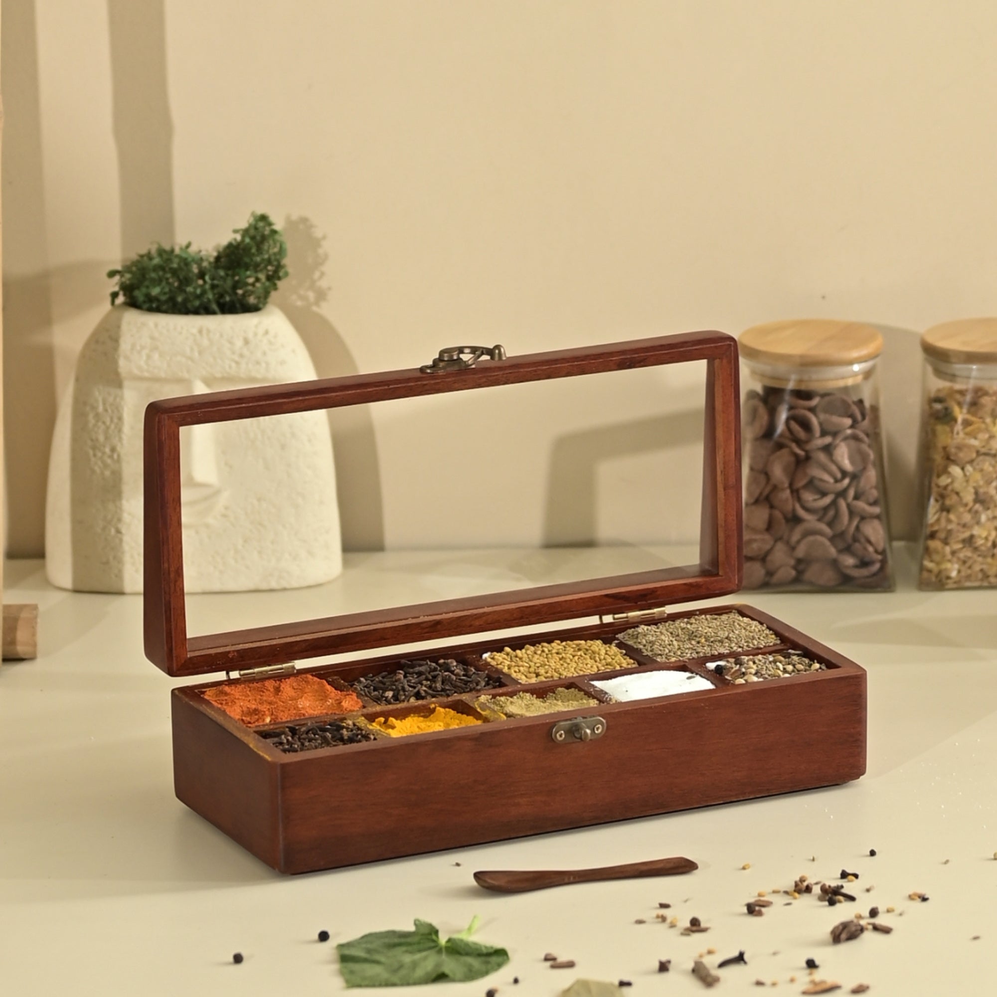 Brick Brown Prism Masala Box, Mango Wood Mahogany Finish | Clear Lid, 9 Partitions & Wooden Spoon, Handcrafted Organizer