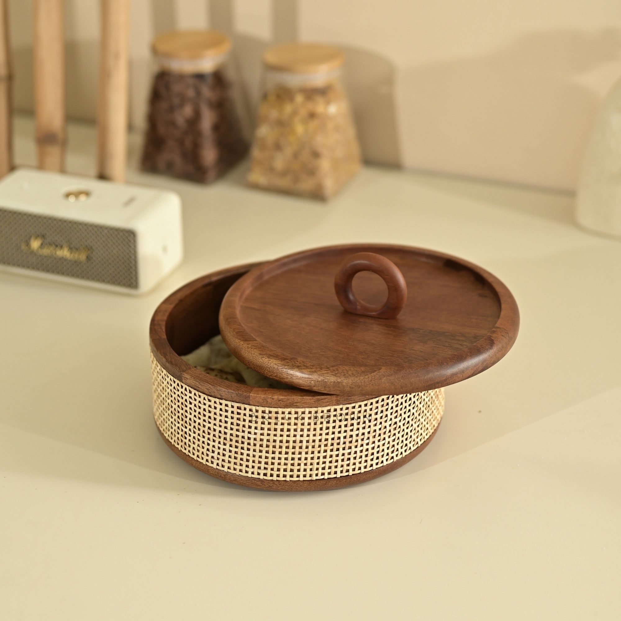 Brick Brown Tresso Roti Box, Solid Mango Wood | Handwoven Rattan, Keeps Rotis Warm, Food-Safe Table Centrepiece