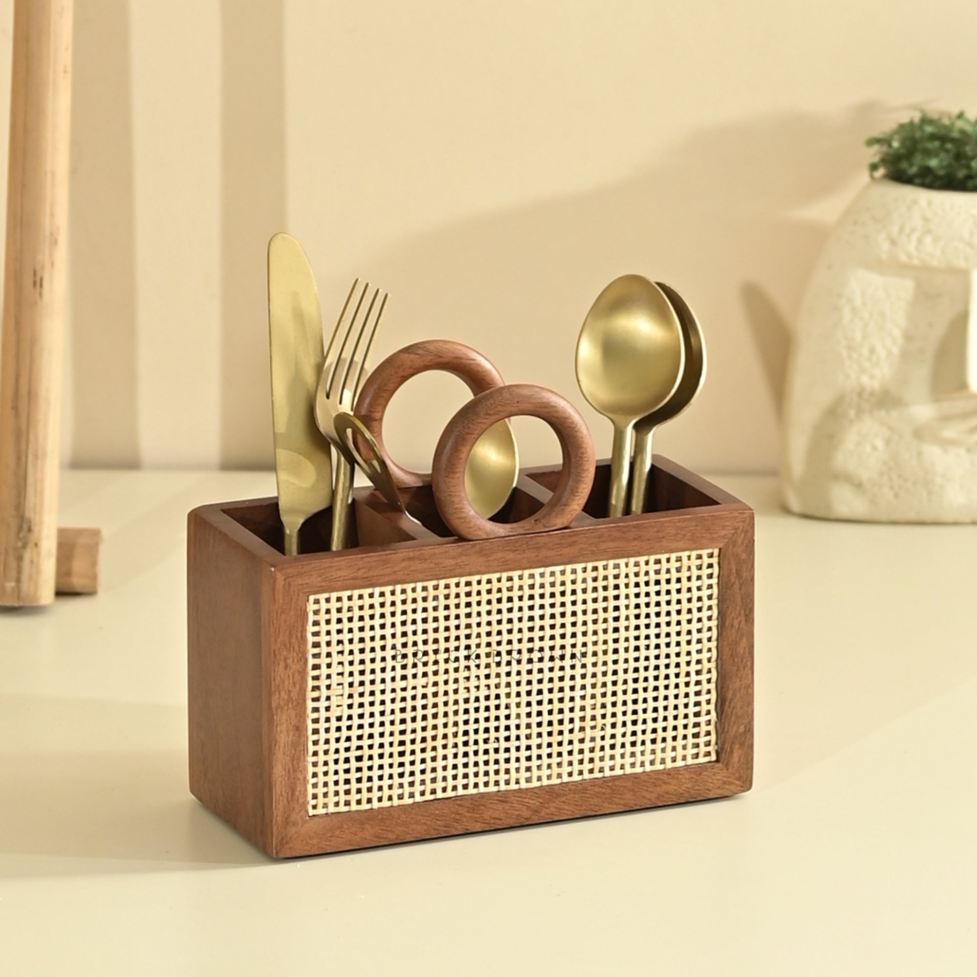 Brick Brown Tresso Nest Cutlery Holder, Solid Wood | Handwoven Rattan, 3 Compartments for Cutlery, Napkins & Straws