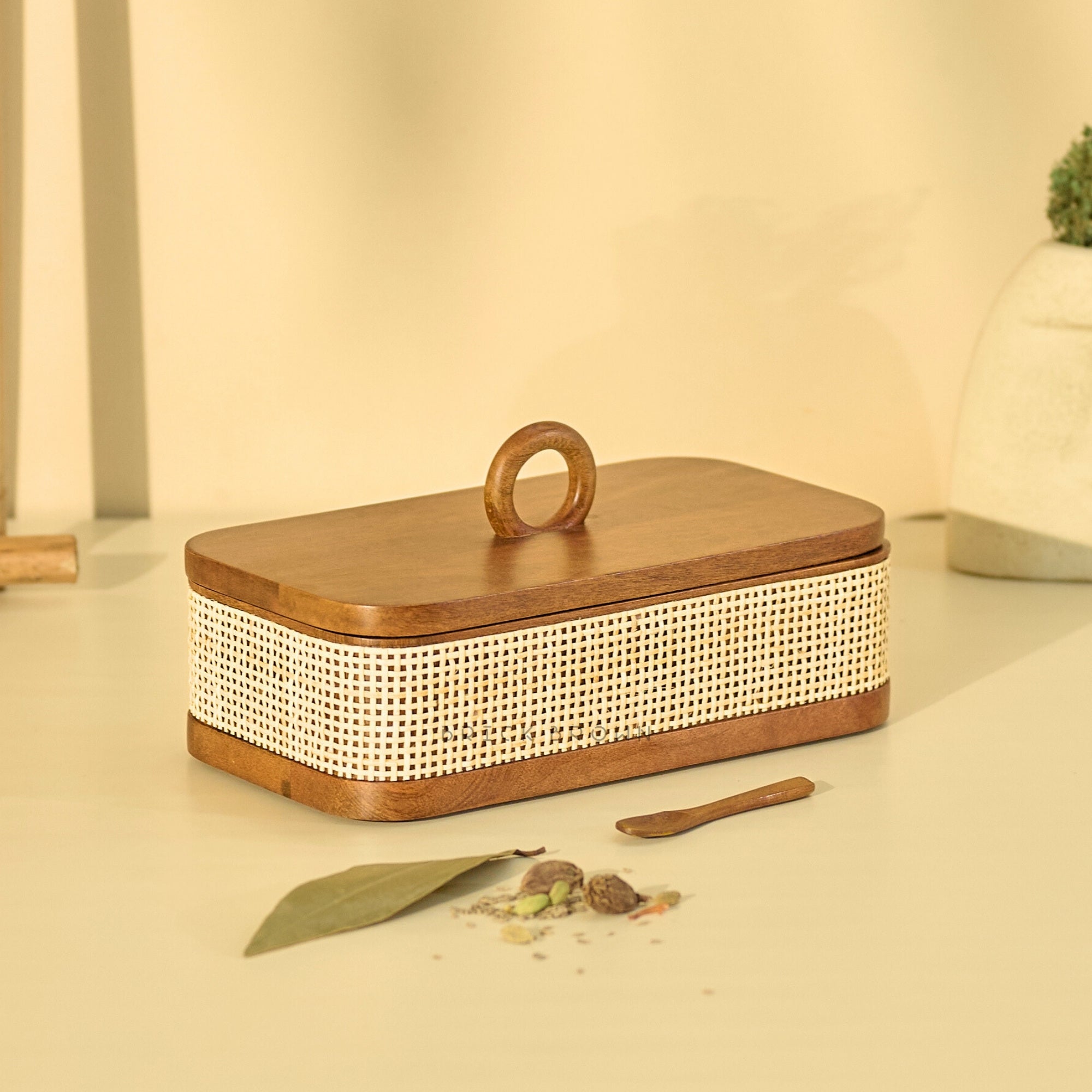 Brick Brown Tresso Masala Box, Solid Mango Wood | Handwoven Rattan, 8 Removable Steel Containers & Wooden Spoon, Handcrafted