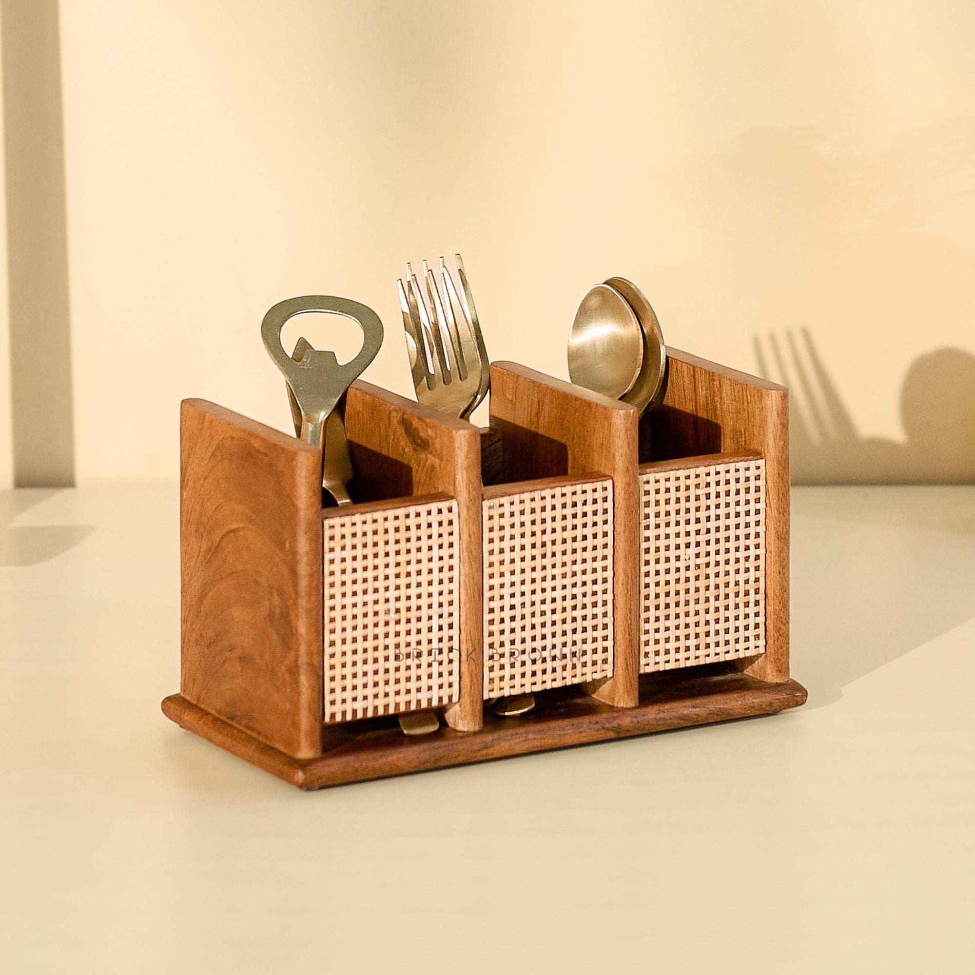 Brick Brown Nora Cutlery Holder, Solid Mango Wood | Handwoven Rattan, 3 Spacious Compartments, Sculpted Decor Organizer