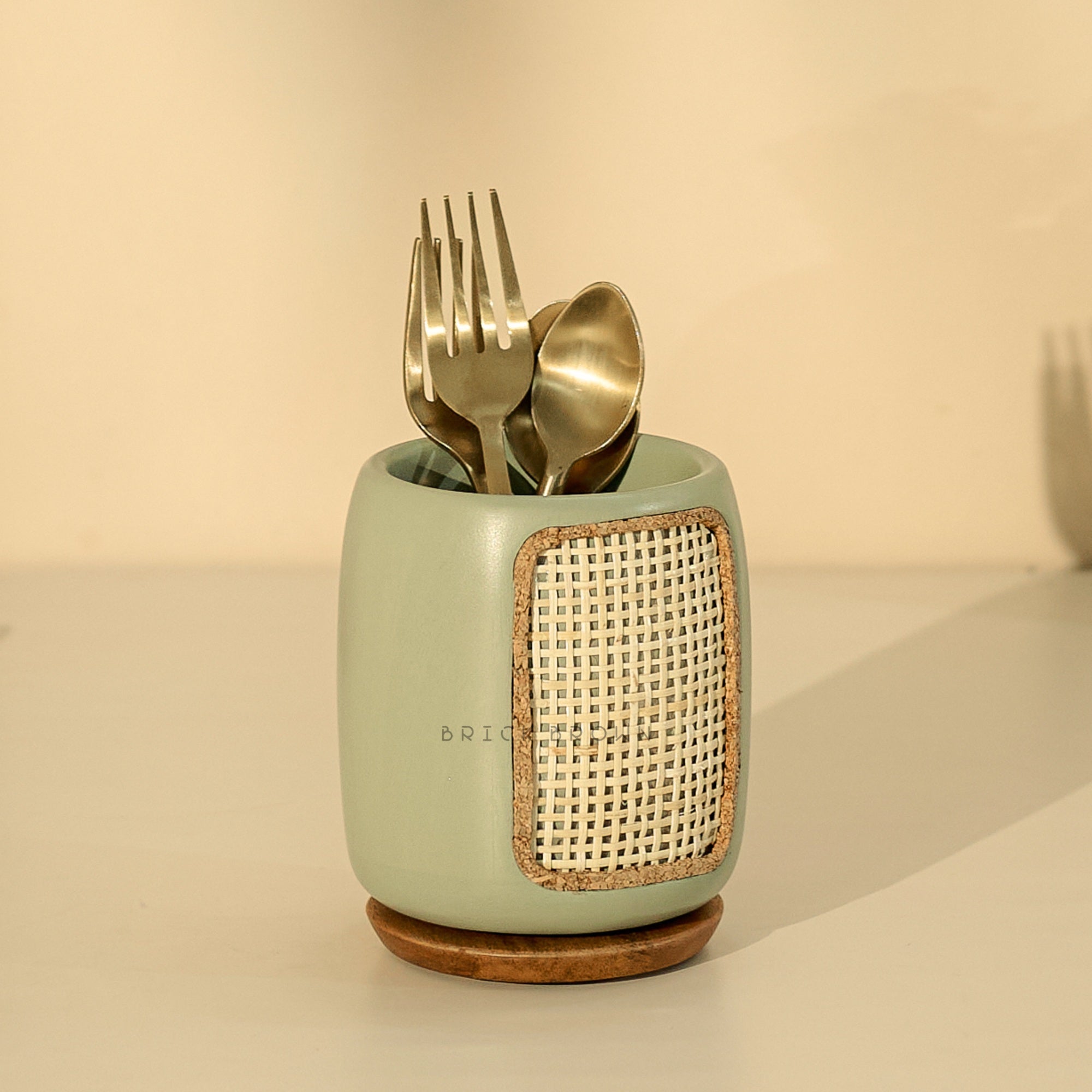 Brick Brown Jali Cutlery Holder, Mango Wood | Sage-Green Rattan Weave, 360-Degree Rotating Base for Easy Access