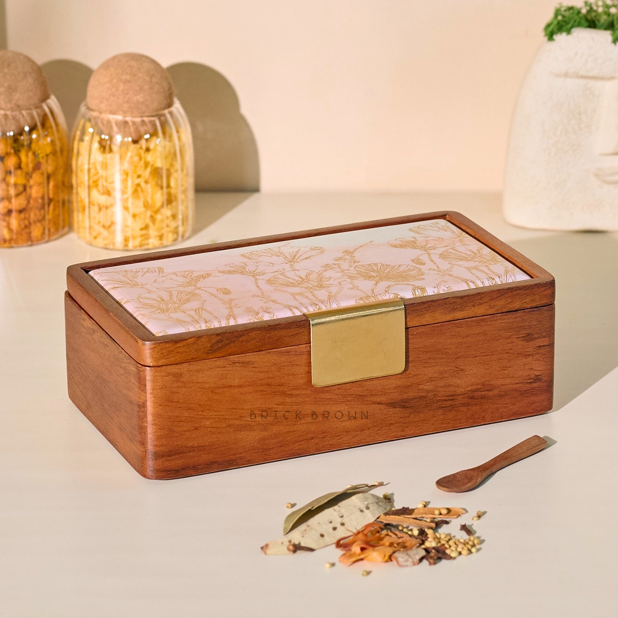 Brick Brown Noor Masala Box, Solid Wood | Gold-Foil Botanical Lid, Metal Latch, 8 Removable Steel Containers