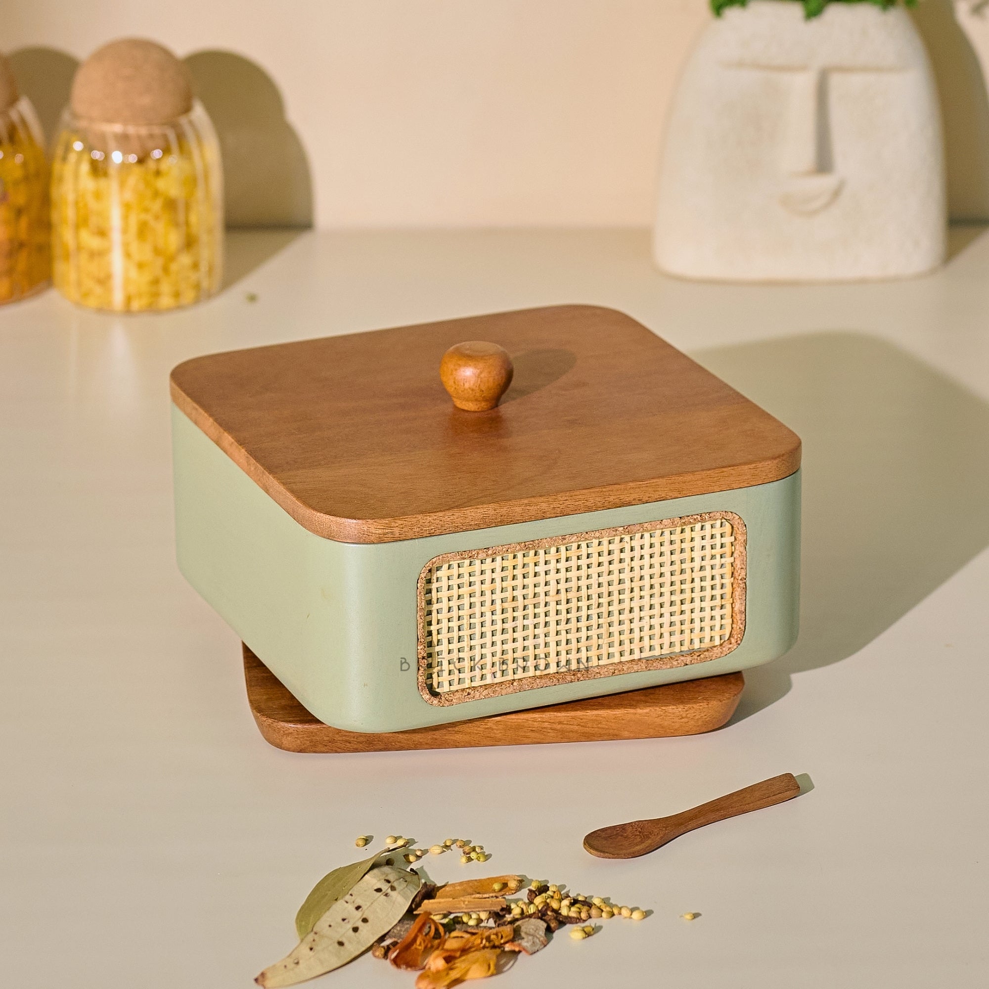 Brick Brown Jali Masala Box, Solid Mango Wood | Cane Webbing, Rotating Base, 9 Removable Stainless Steel Containers