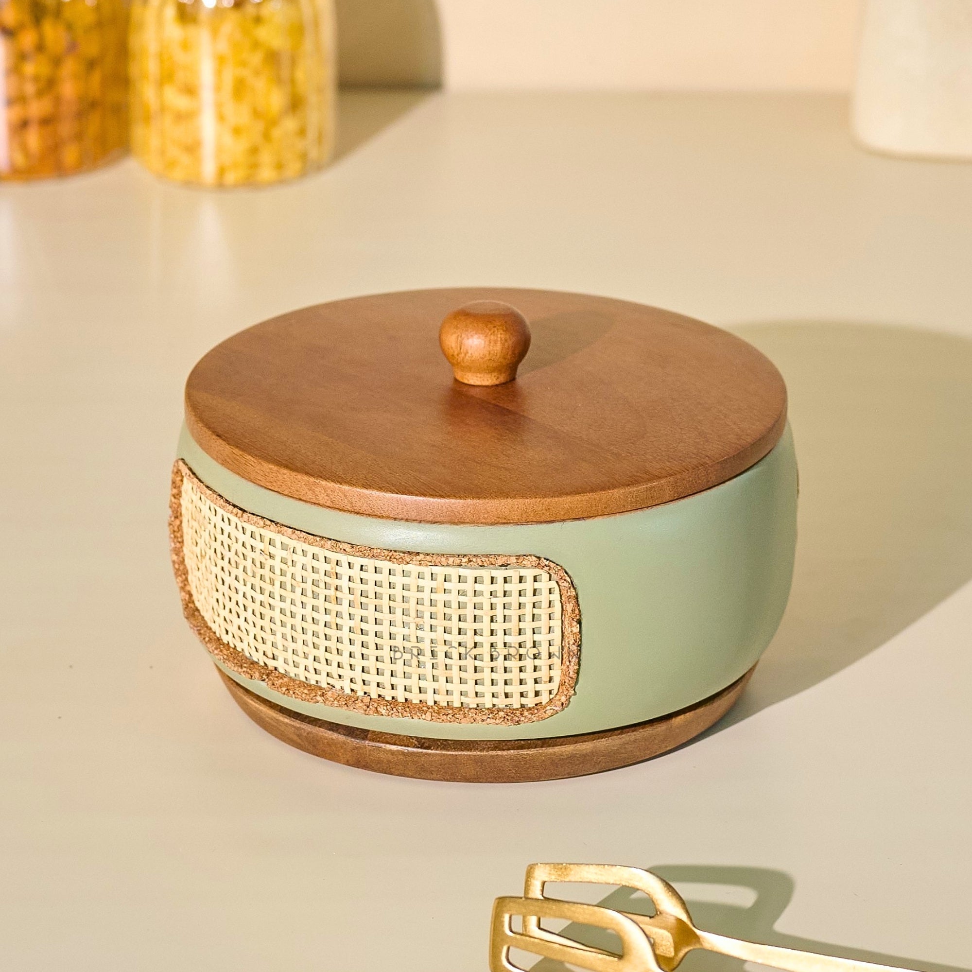 Brick Brown Jali Roti Box, Solid Mango Wood | Cane Webbing, 360-Degree Rotating Lazy Susan Base, Keeps Rotis Warm