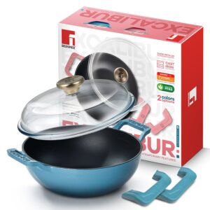 Excalibur Light Cast Iron 24cm (2.5L) Kadai with Lid - Induction Bottom - Blue