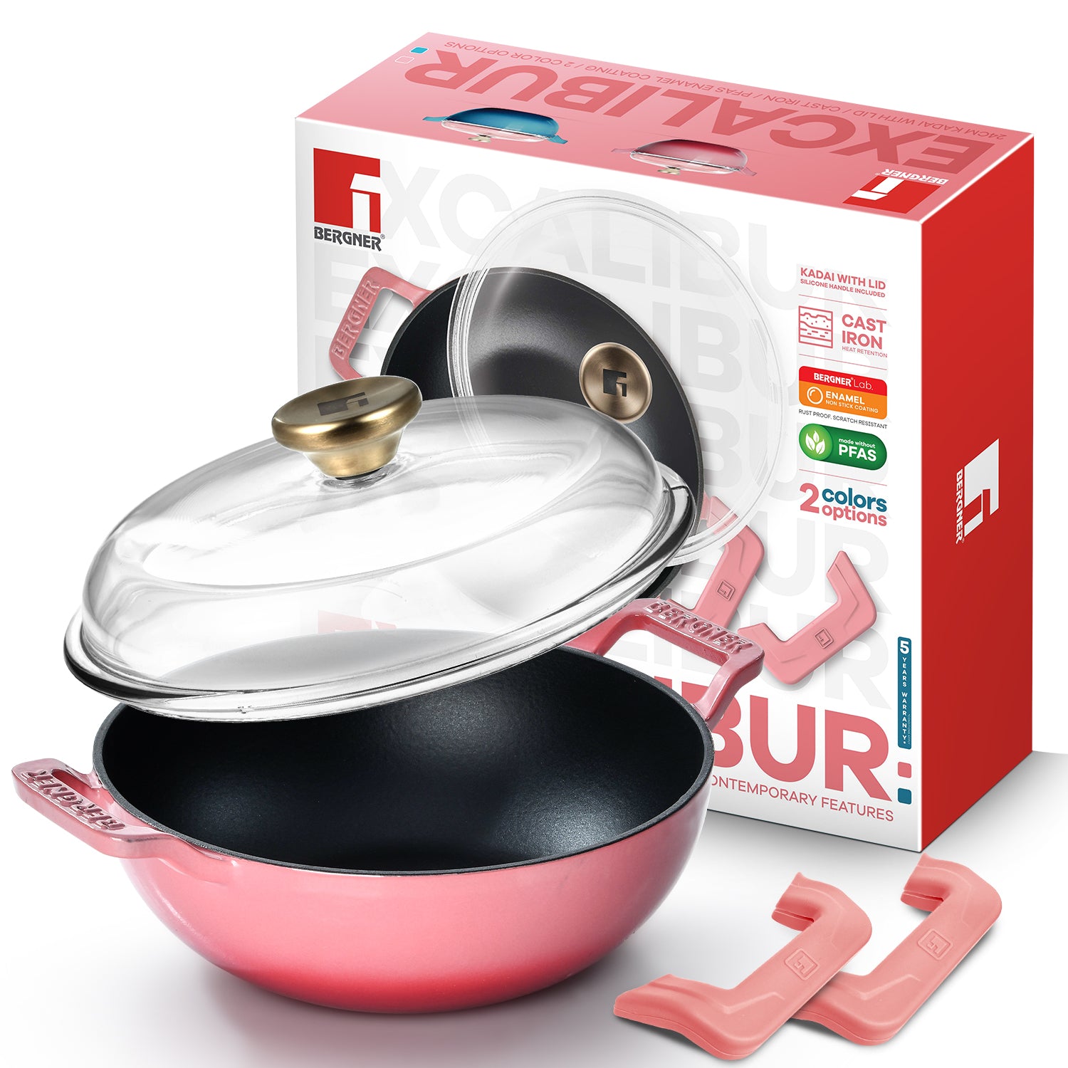 Excalibur Light Cast Iron 24cm (2.5L) Kadai with Lid - Induction Bottom