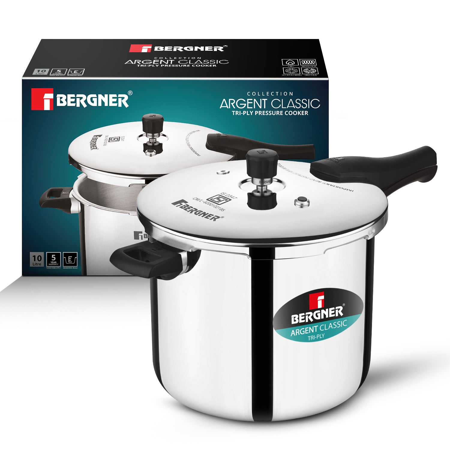 Bergner Argent Classic Triply Pressure Cooker 10L | 304 Stainless Steel, Resettable Safety Valve, Induction & Gas Ready
