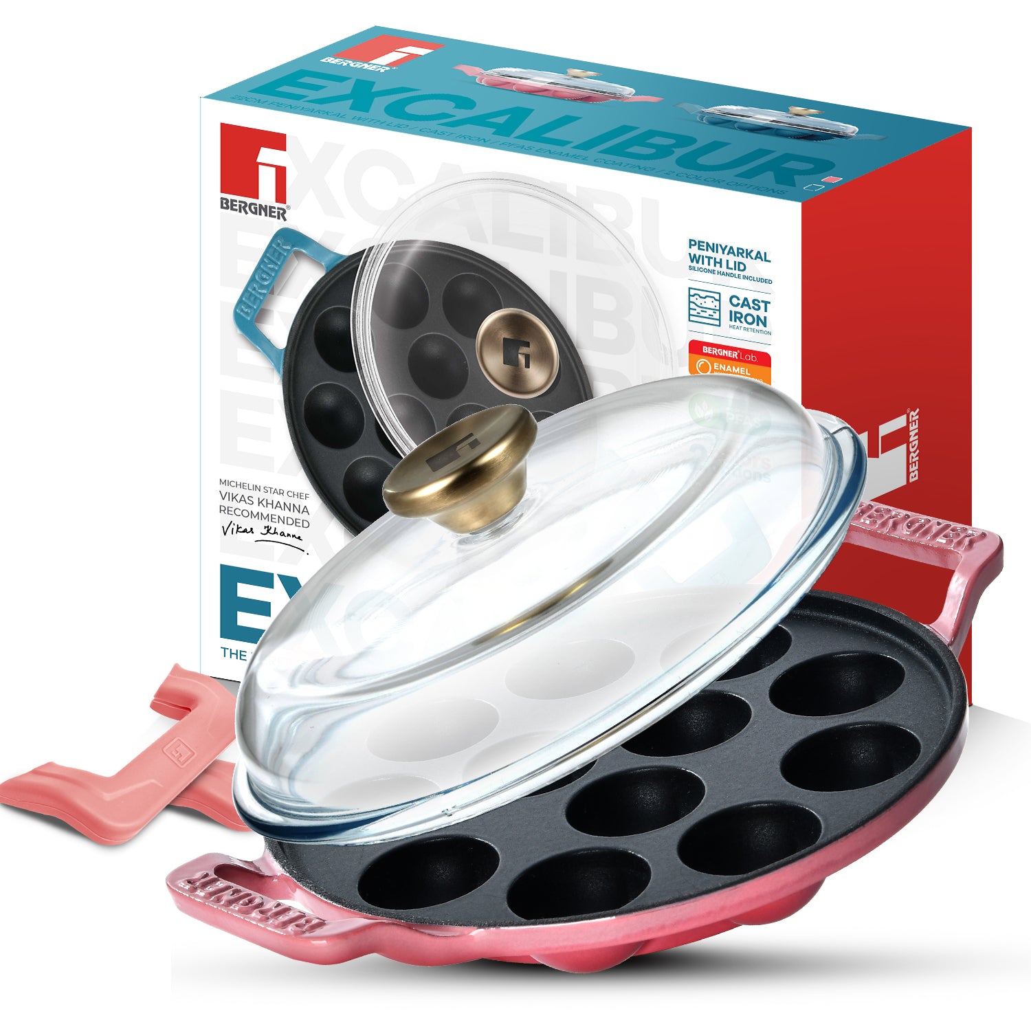 Excalibur Light Cast Iron 22cm Paniyarakal with Lid - Induction Bottom