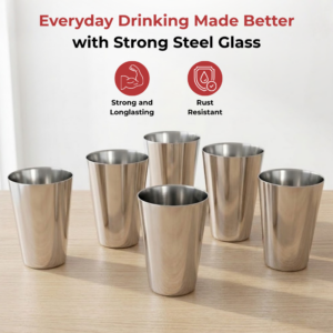 Vinod Plain Stainless Steel Glass, Set of 6, 300ml | No. 7 Size, High-Grade Steel, Durable Everyday Drinkware image 3