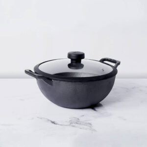 Meyer Pre-Seasoned Cast Iron Deep Kadai / Wok with Glass Lid | 20 & 24 cm | Naturally Non-Stick, Induction & Gas