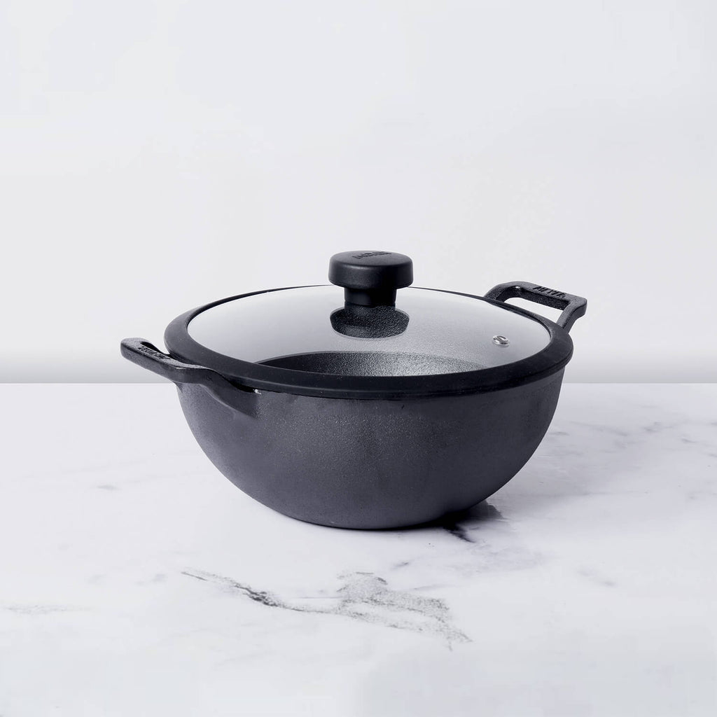 Meyer Pre-Seasoned Cast Iron Deep Kadai / Wok with Glass Lid | 20 & 24 cm | Naturally Non-Stick, Induction & Gas