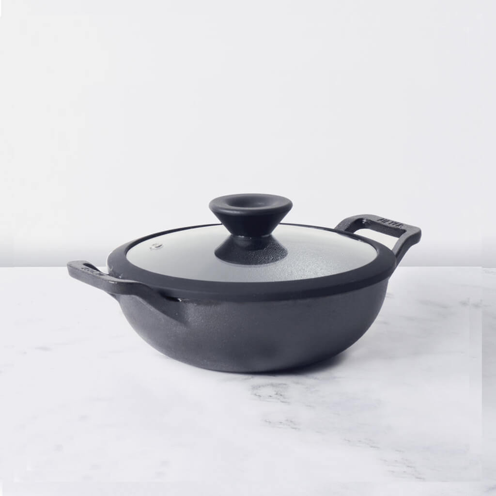 Meyer Pre-Seasoned Cast Iron Shallow Kadai with Glass Lid | 20–30 cm | Naturally Non-Stick, Induction & Gas