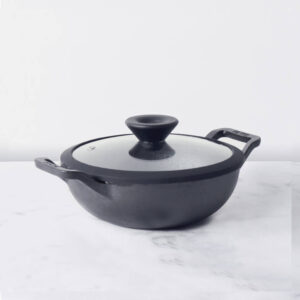 Meyer Pre-Seasoned Cast Iron Shallow Kadai with Glass Lid | 20–30 cm | Naturally Non-Stick, Induction & Gas – 24 cm