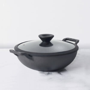 Meyer Pre-Seasoned Cast Iron Shallow Kadai with Glass Lid | 20–30 cm | Naturally Non-Stick, Induction & Gas – 26 cm