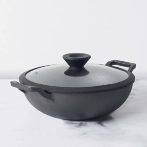 Meyer Pre-Seasoned Cast Iron Shallow Kadai with Glass Lid | 20–30 cm | Naturally Non-Stick, Induction & Gas – 30 cm