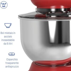Westinghouse 1200W Stand Mixer, 5L Stainless Steel Bowl, Tilt-Head | 6-Speed + Pulse, Dough Hook, Flat Beater & Whisk | Retro Red, 2 Years Warranty image 5