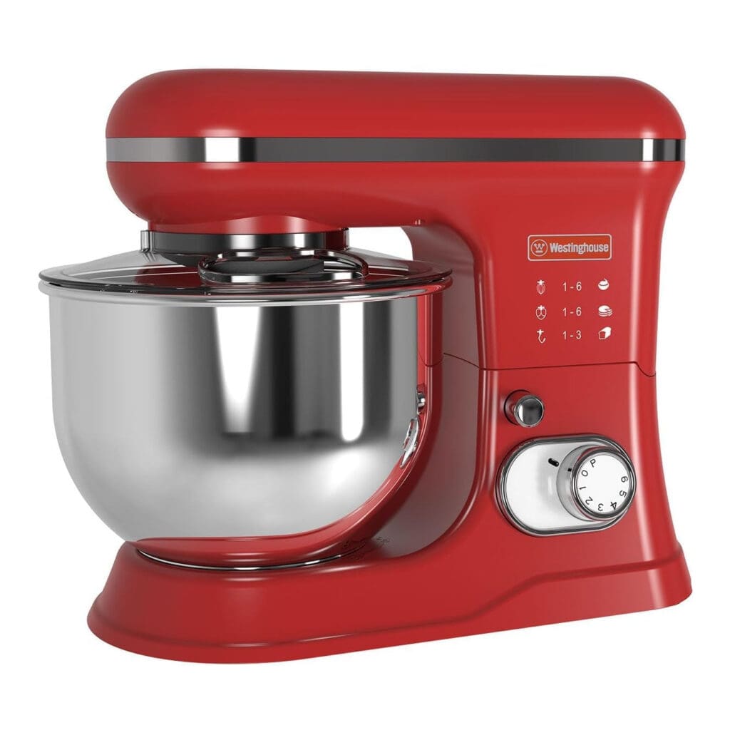 Westinghouse 1200W Stand Mixer, 5L Stainless Steel Bowl, Tilt-Head | 6-Speed + Pulse, Dough Hook, Flat Beater & Whisk | Retro Red, 2 Years Warranty — Bihari Bartan Bhandar