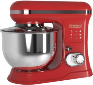 New arrival: Westinghouse 1200W Stand Mixer, 5L Stainless Steel Bowl, Tilt-Head | 6-Speed + Pulse, Dough Hook, Flat Beater & Whisk | Retro Red, 2...