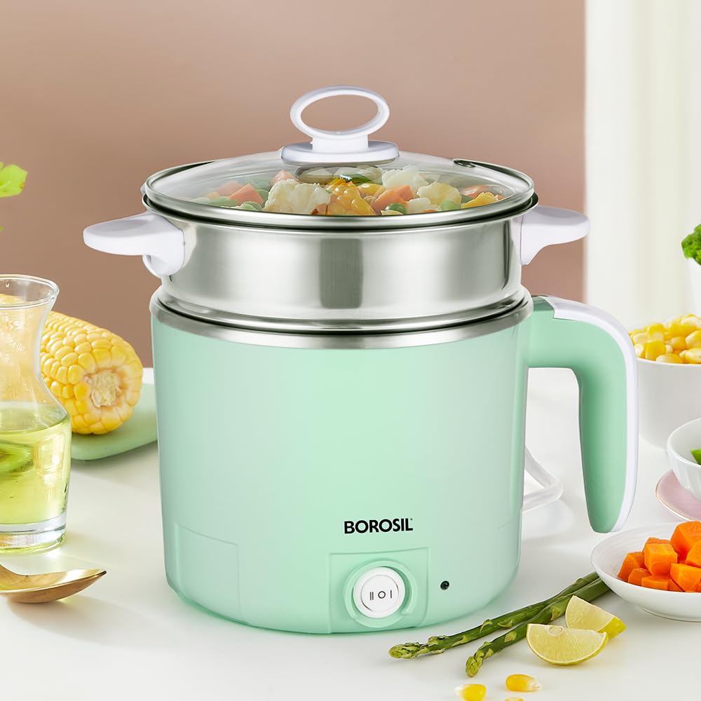 Borosil 1.2L Klassic Made in India Electric Steel Kettle with Steamer | Temperature Control Knob, Overheat Protection | For Boiling & Steaming Vegetables, Momo, Egg, Tea, Coffee | 1 Year Warranty