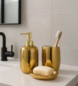 Earth 2-Piece Ceramic Bathroom Set, Gold | Soap Dispenser & Tumbler | Premium Washbasin Accessories