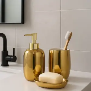 Earth 2-Piece Ceramic Bathroom Set, Gold | Soap Dispenser & Tumbler | Premium Washbasin Accessories